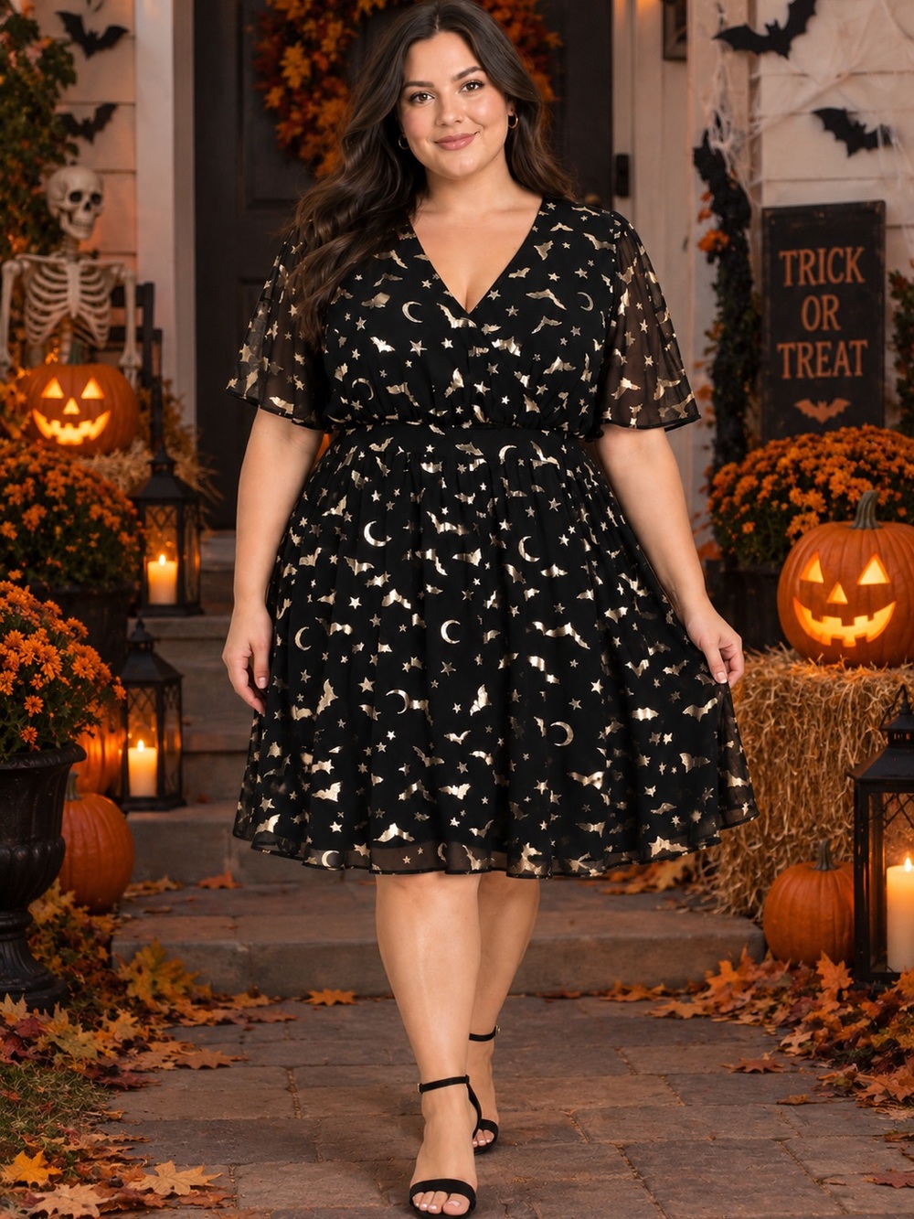 NWT ModCloth 2X Black Gold Bat Print V-Neck Ruched Chiffon Midi Flutter Dress